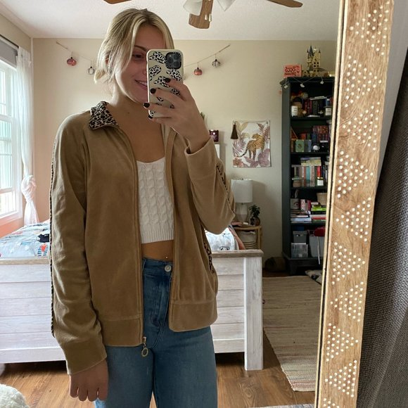 Tangerine Tan Cheetah Print Velour Full Zip Sweatshirt - Picture 4 of 8